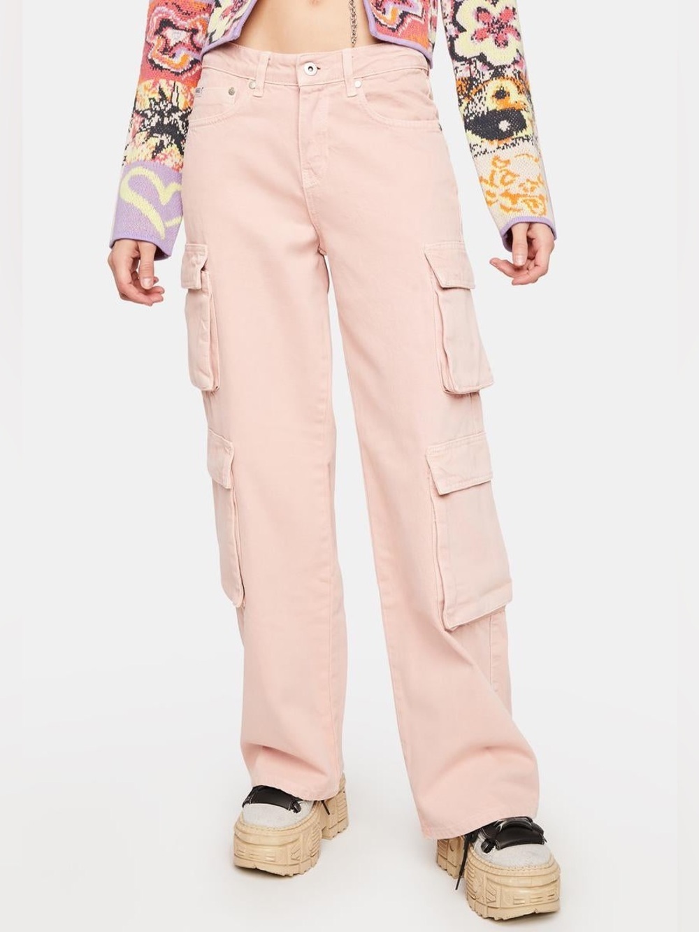 The Ragged Priest Women’s Brat Cargo Jeans Size 24 Pink Low Rise Wide Leg NWT